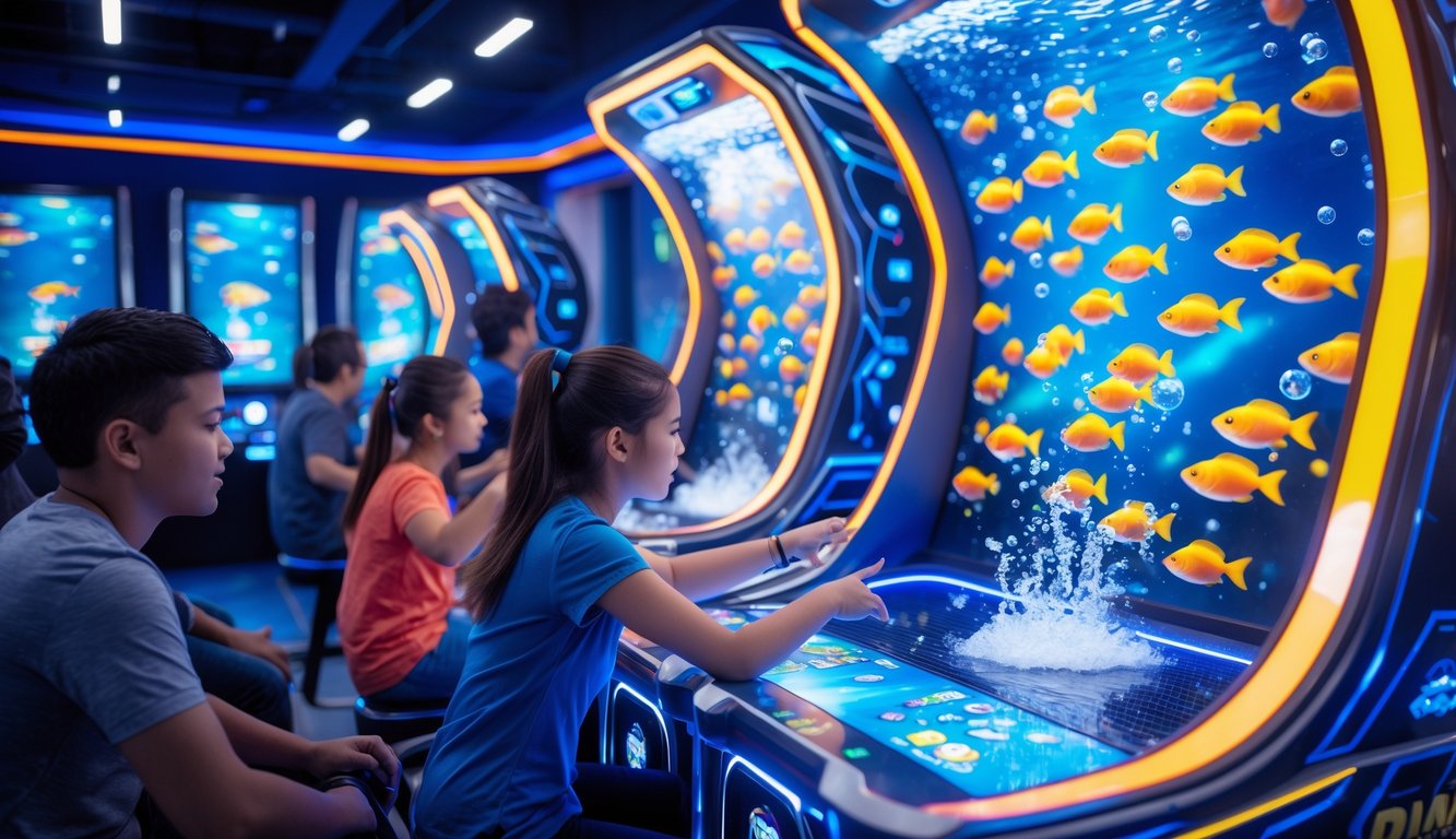 Suasana arcade dengan permainan tembak ikan yang menampilkan layar LED besar dan pemain yang sedang bermain.