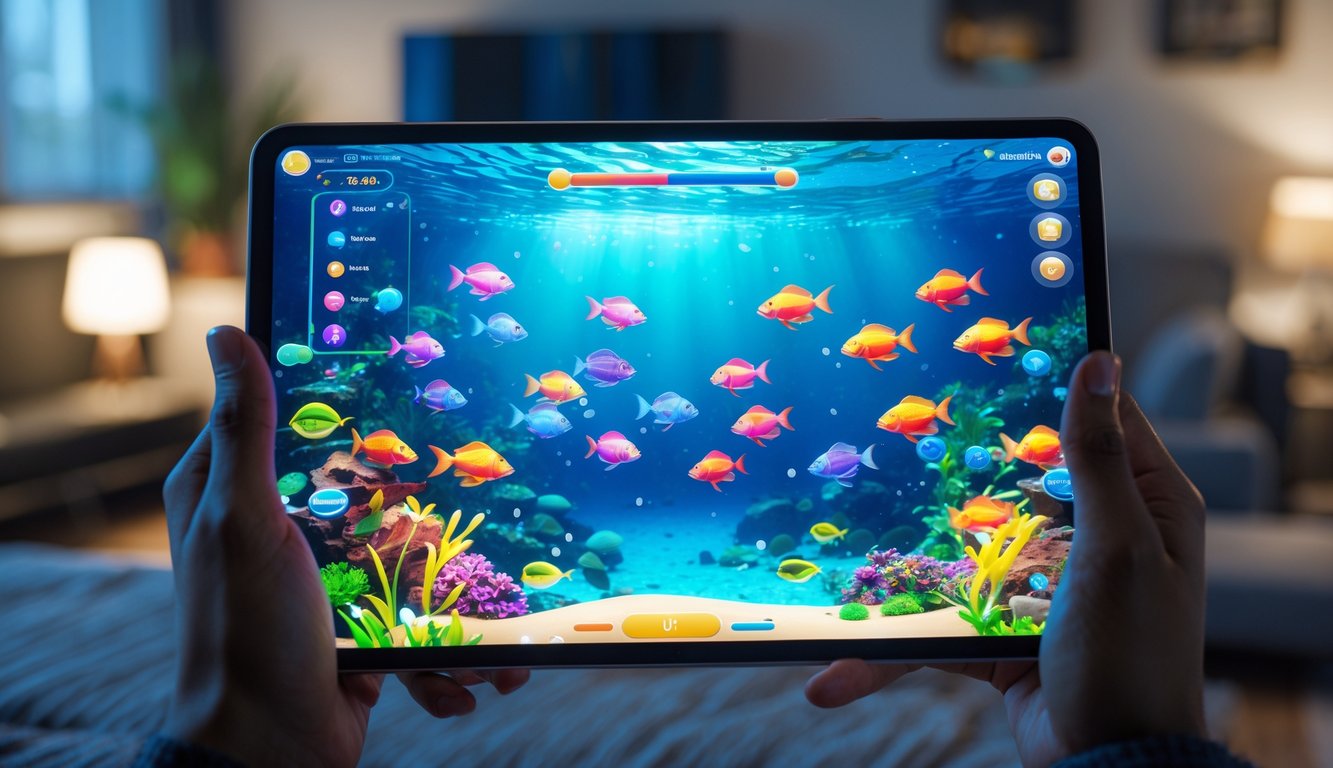Seseorang memegang perangkat digital yang menampilkan permainan ikan hidup online dengan ikan warna-warni berenang di layar.