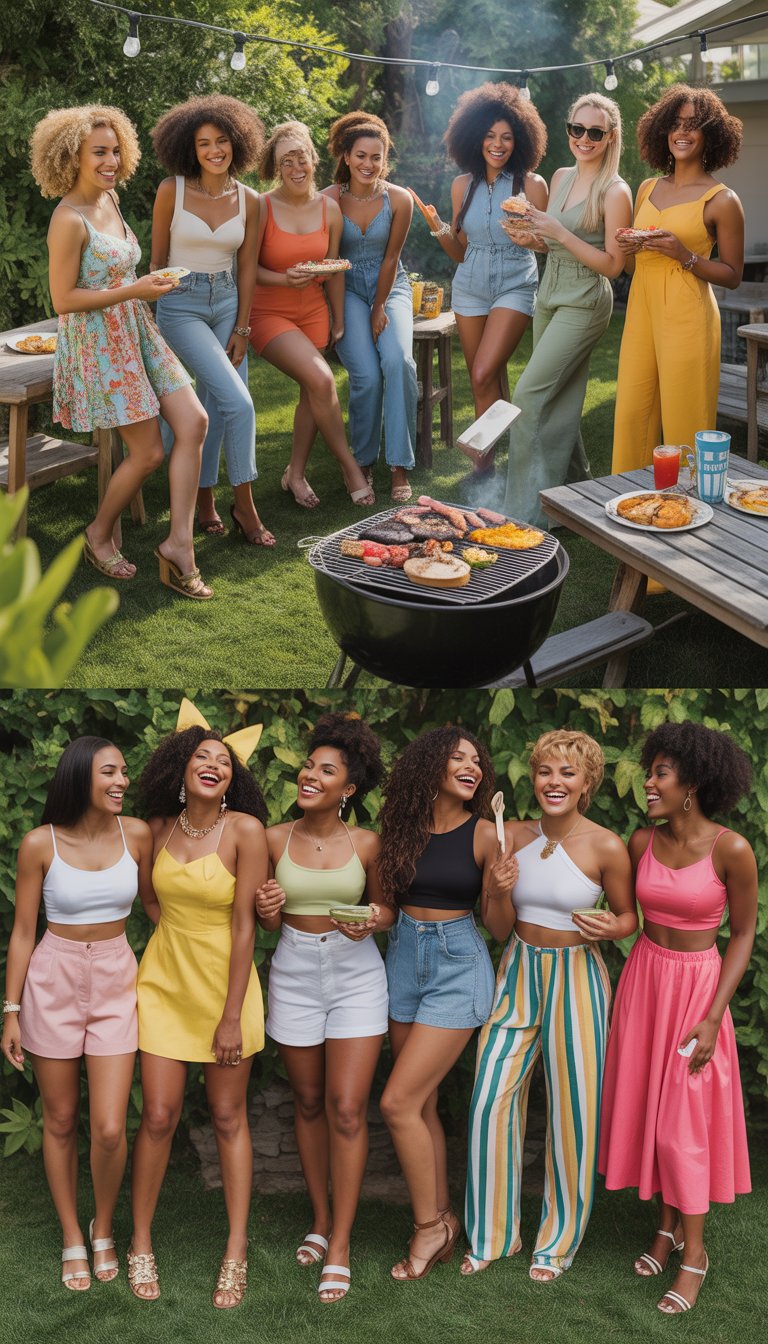 A group of 15 Black women wearing various summer outfits enjoying a sunny outdoor cookout together in a backyard.