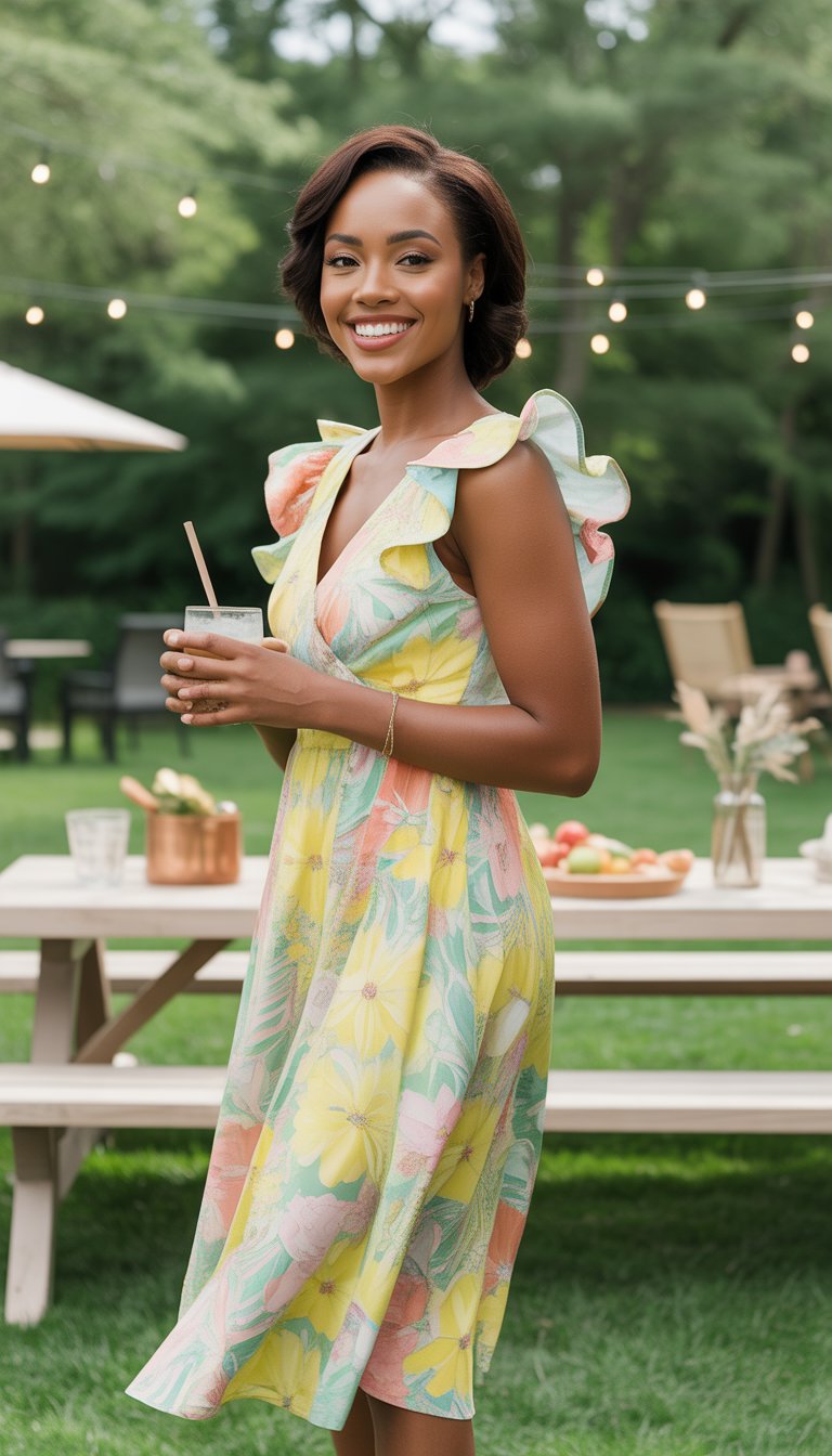 A Black woman wearing a bright floral midi dress with ruffled sleeves stands outdoors at a sunny garden cookout, smiling and holding a drink.