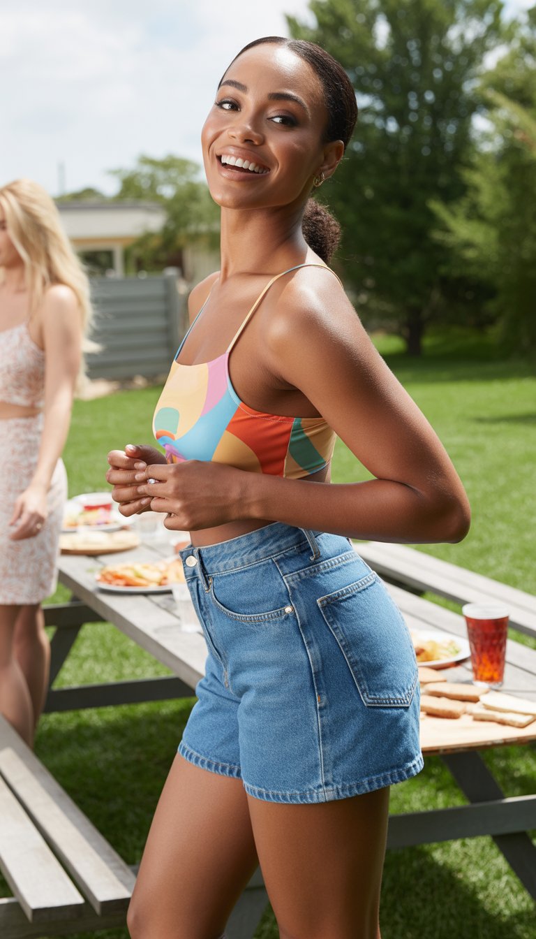 A Black woman standing outdoors at a sunny cookout wearing high-waisted denim shorts and a colorful crop top, smiling with picnic tables and trees in the background.
