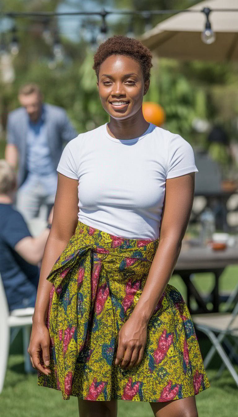 A Black woman standing outdoors wearing a colorful wrap skirt and a white t-shirt at a sunny picnic.
