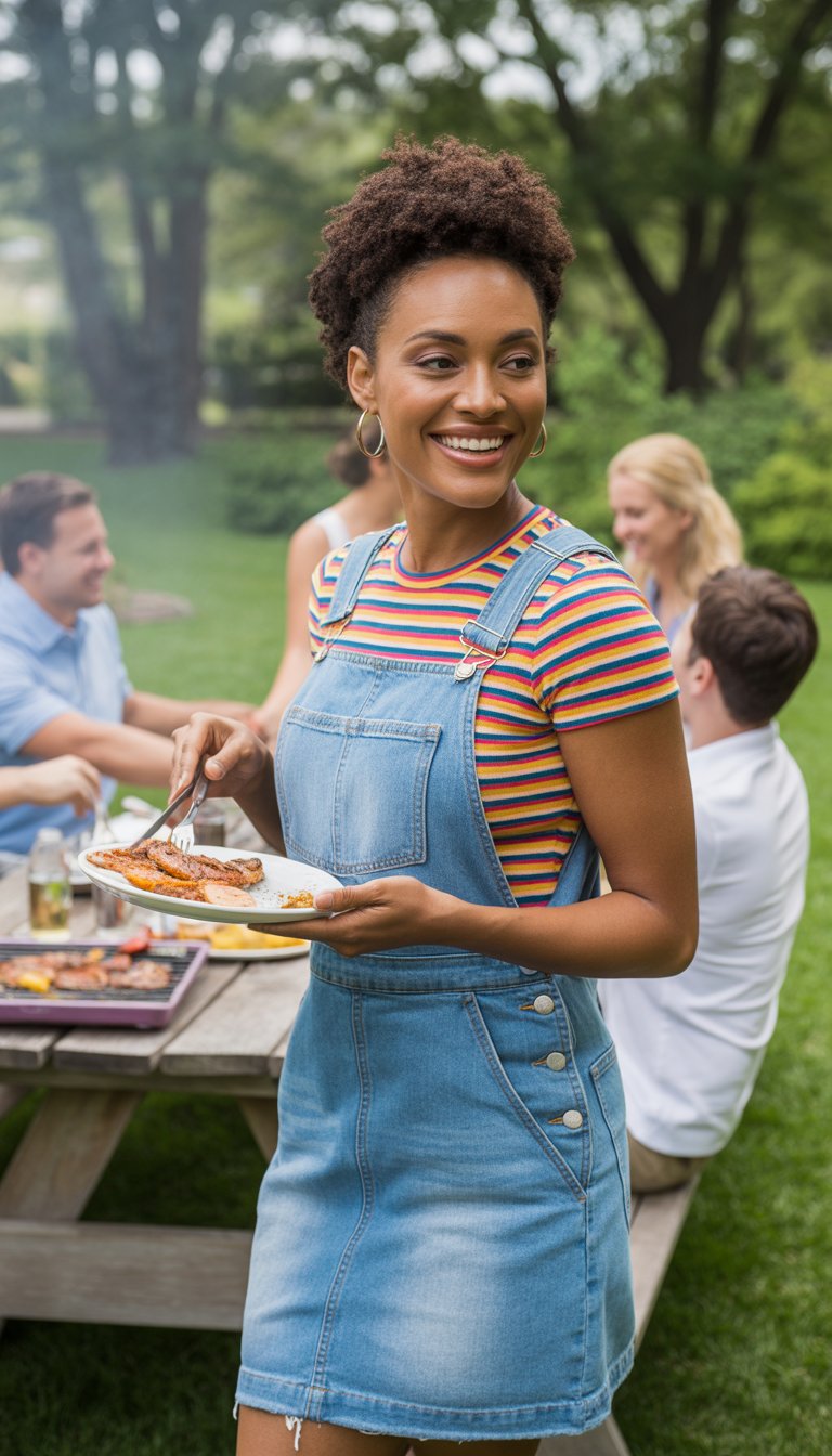 A Black woman wearing a denim overall dress and striped shirt at an outdoor cookout, holding a plate of food and smiling.