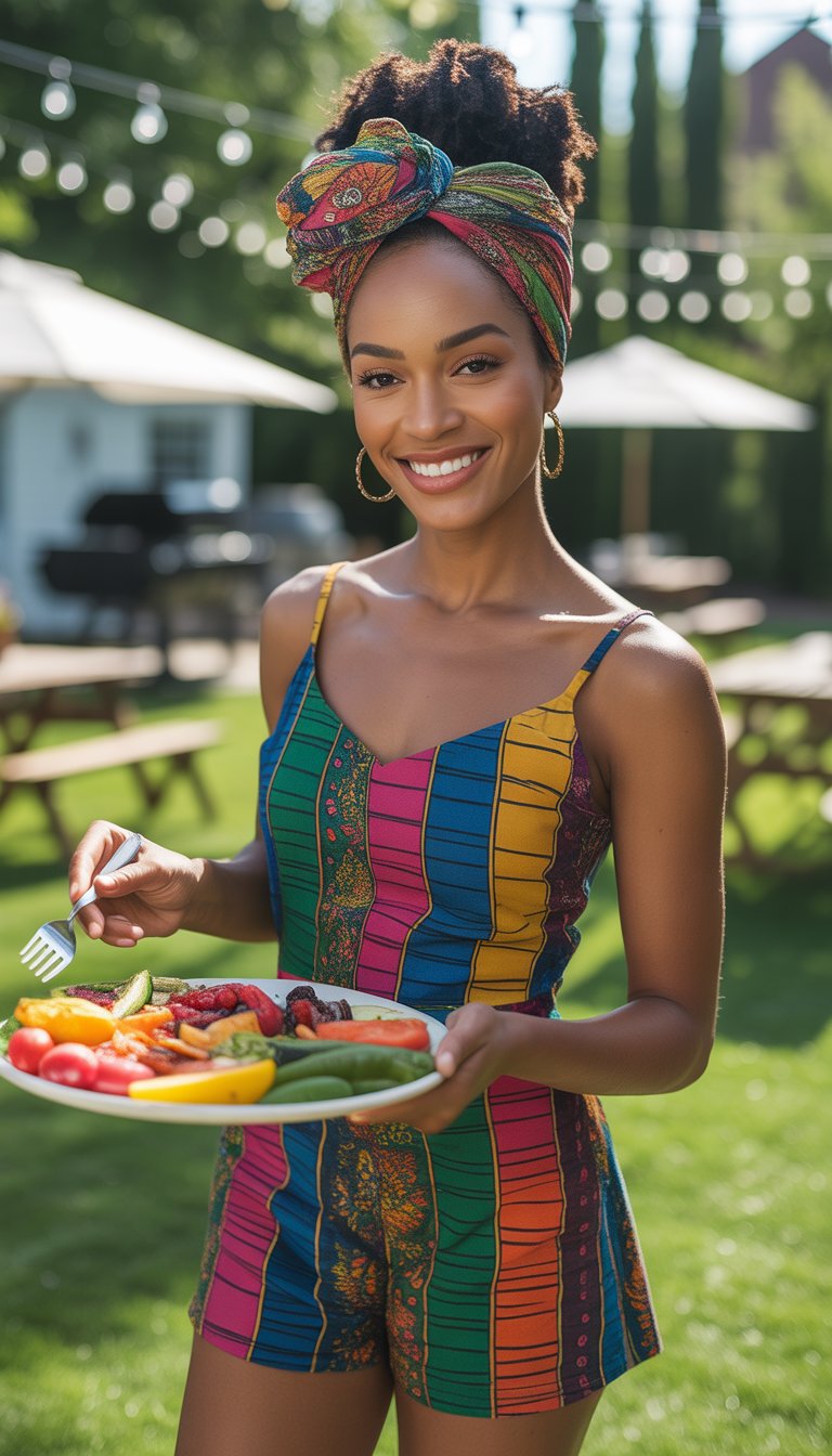 A Black woman wearing a colorful headwrap and sleeveless romper at an outdoor cookout, smiling and holding a plate of food.