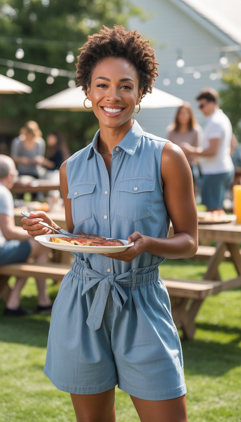 A Black woman outdoors at a cookout, smiling and holding a plate of food, wearing a sleeveless shirt and shorts.
