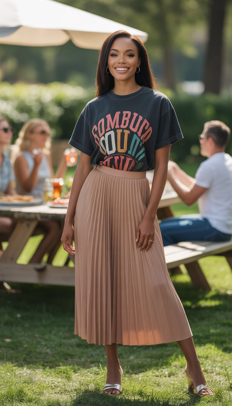 A Black woman standing outdoors at a cookout wearing a graphic t-shirt tucked into a pleated skirt.