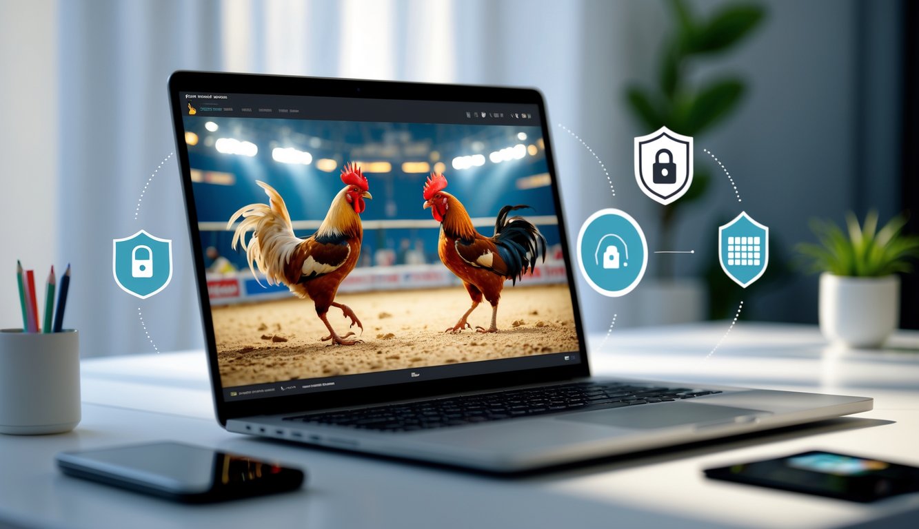 Seorang pria sedang menonton pertandingan sabung ayam secara online di laptop di meja kerja yang rapi.