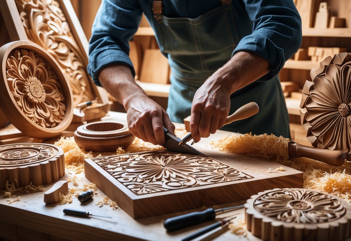 A woodcarver's hands shaping a piece of wood with carving tools on a workbench surrounded by carved wooden pieces and wood shavings.