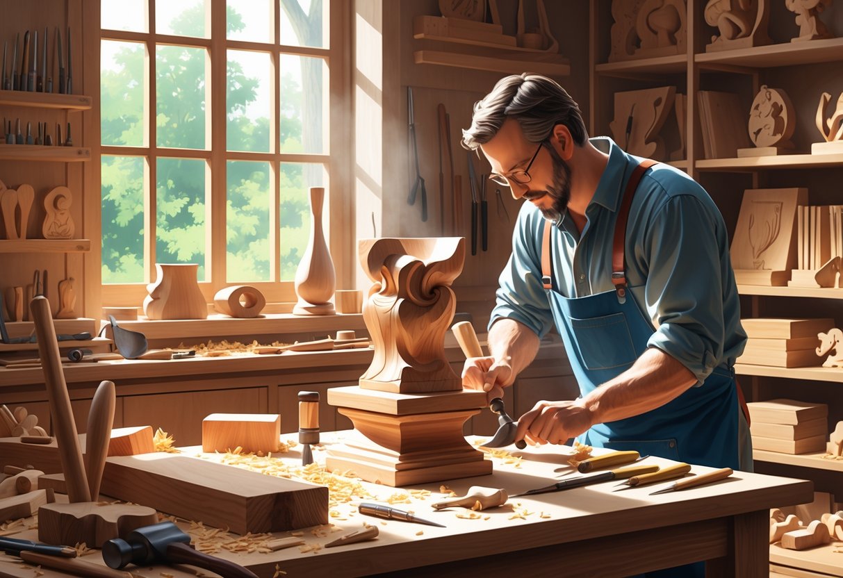 An artisan carving wood with hand tools at a workbench in a woodworking studio filled with wood pieces and finished carvings.