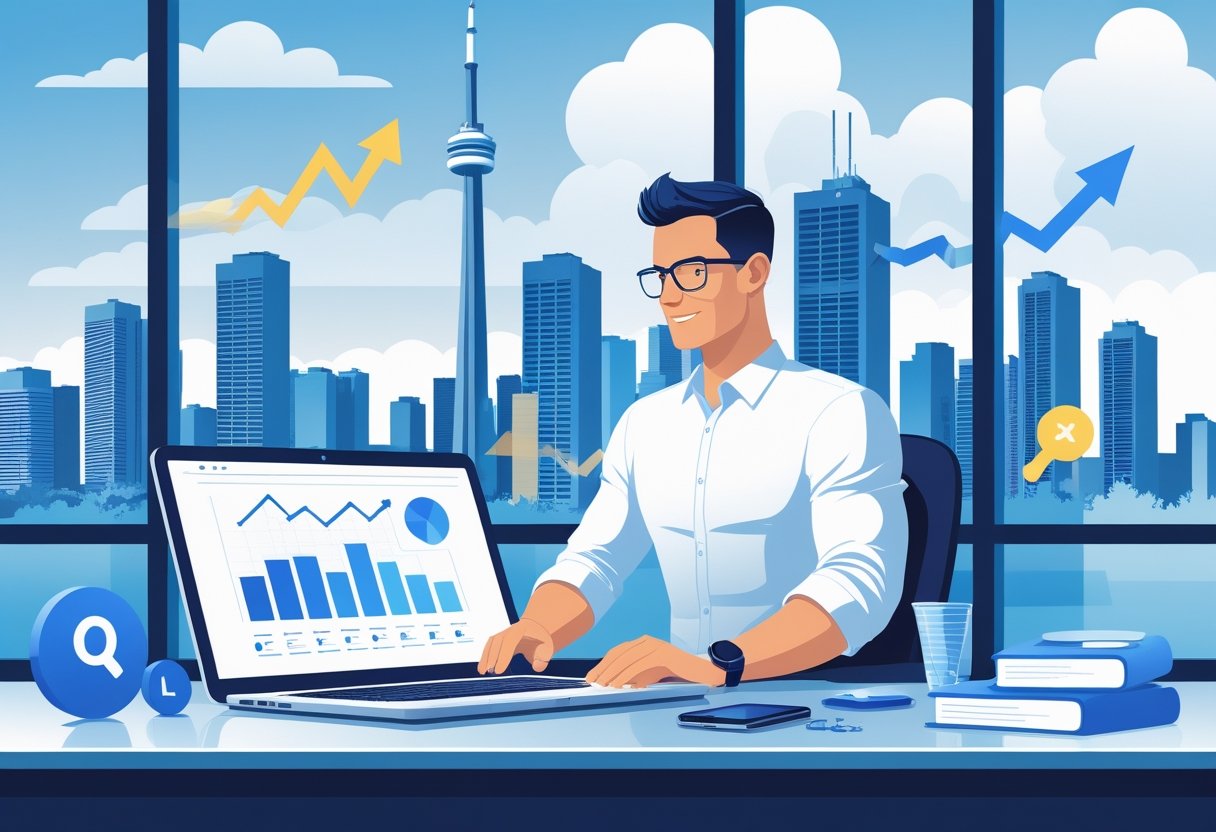 A person working at a desk with digital devices and the Toronto skyline with the CN Tower visible through a large window.