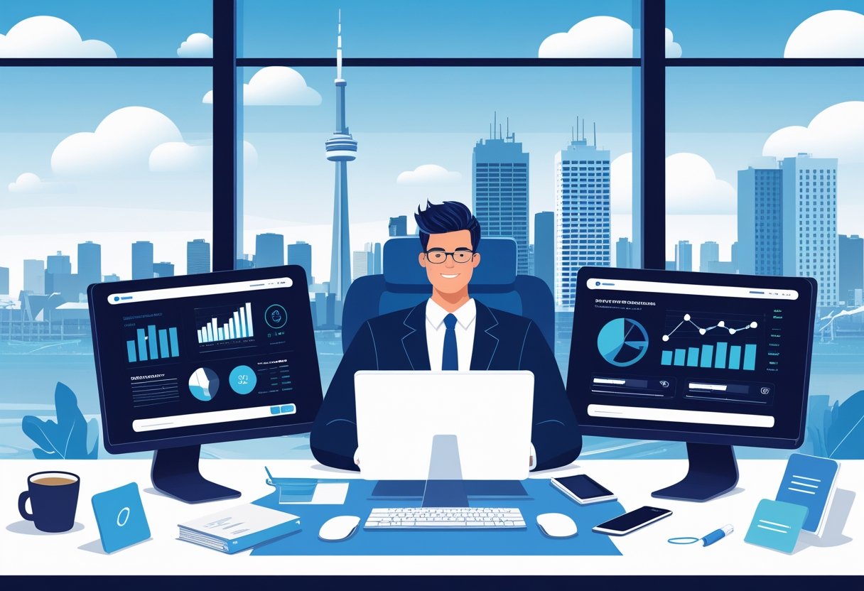 A consultant working at a desk with multiple computer screens showing data and graphs, with the Toronto skyline visible through a window behind them.