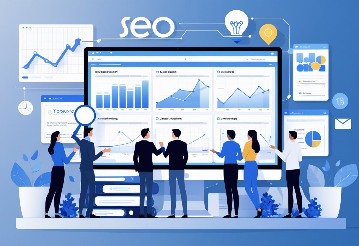 A team of consultants working together in an office with digital screens showing graphs and SEO-related icons, with a cityscape including the CN Tower visible in the background.