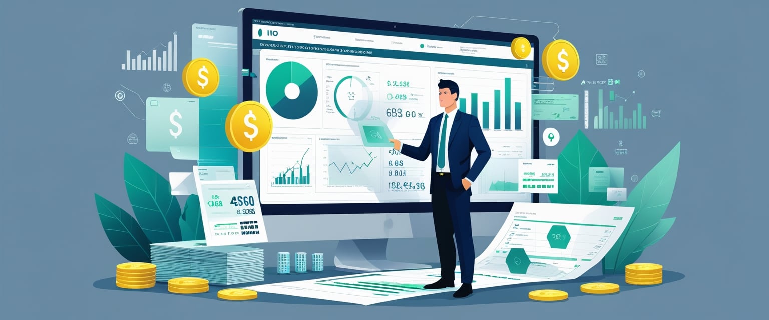 Um especialista financeiro analisando documentos e gráficos em um escritório moderno, com elementos visuais que representam transações financeiras e impostos ao redor.