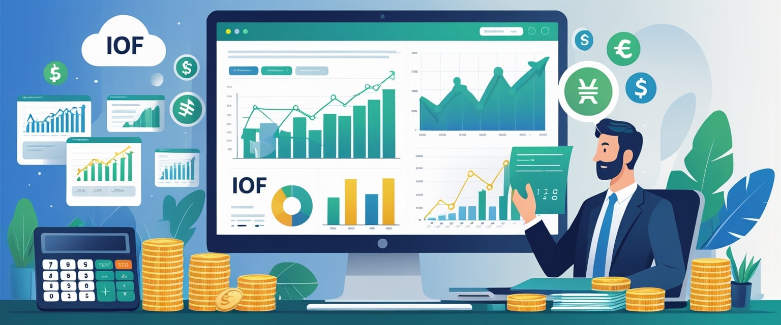 Um especialista financeiro em um escritório moderno analisando gráficos, moedas, cédulas e documentos relacionados a operações financeiras.