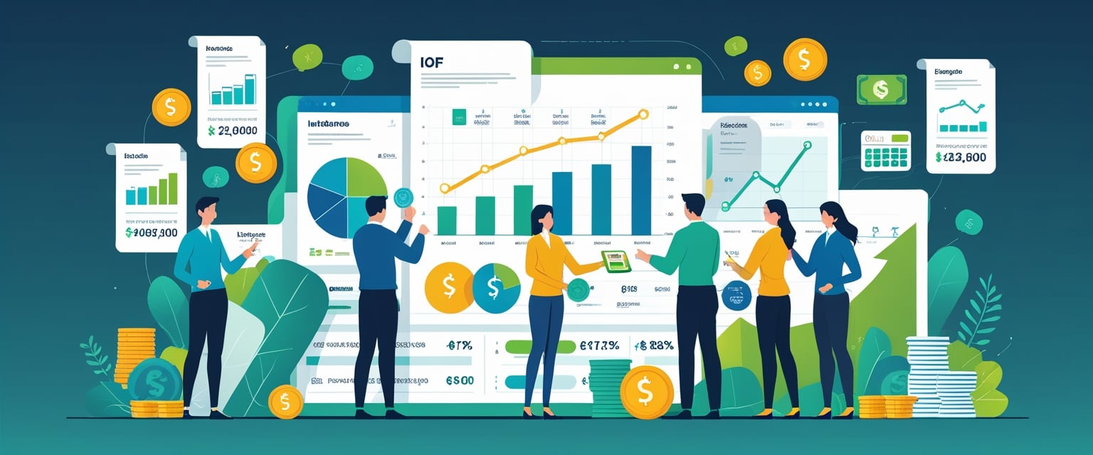 Ilustração mostrando pessoas analisando documentos, gráficos e símbolos de operações financeiras, representando o imposto IOF e sua abrangência.