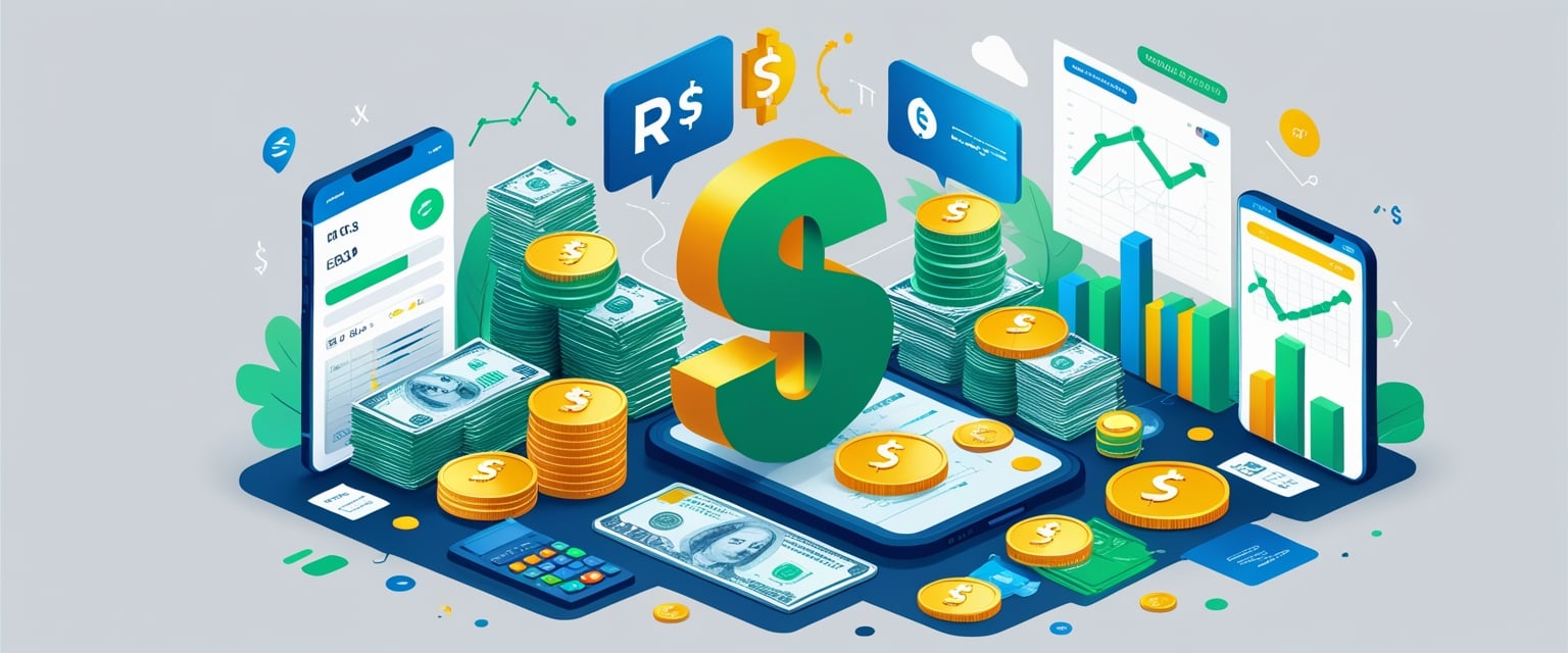 Ilustração mostrando diferentes operações financeiras brasileiras com moedas, cartões, gráficos e o símbolo do real, representando o imposto IOF.