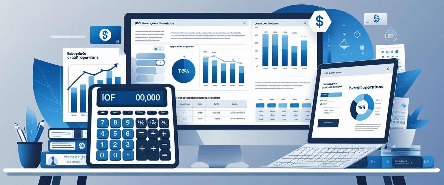 Mesa de escritório com documentos financeiros, calculadora e laptop mostrando dados sobre operações de crédito e imposto IOF.