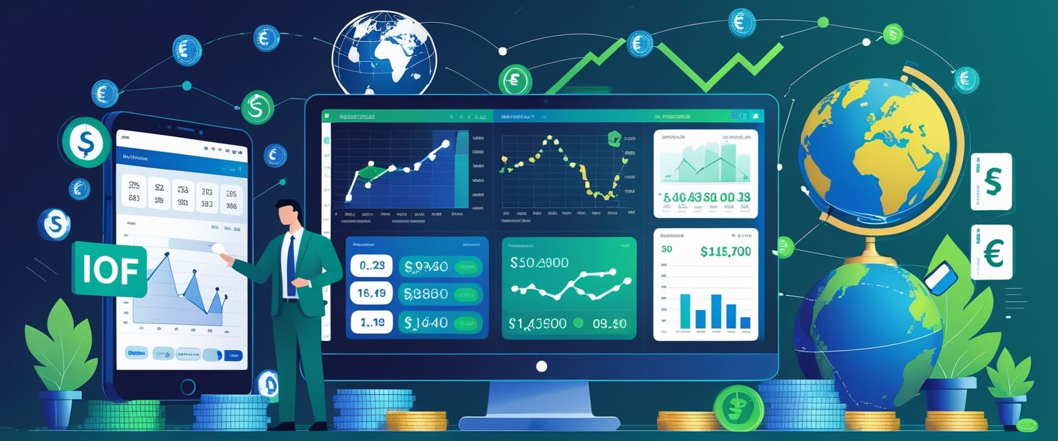 Um especialista financeiro em um escritório moderno analisando taxas de câmbio e gráficos financeiros, com um globo mostrando rotas de comércio internacional e elementos que representam transações financeiras.