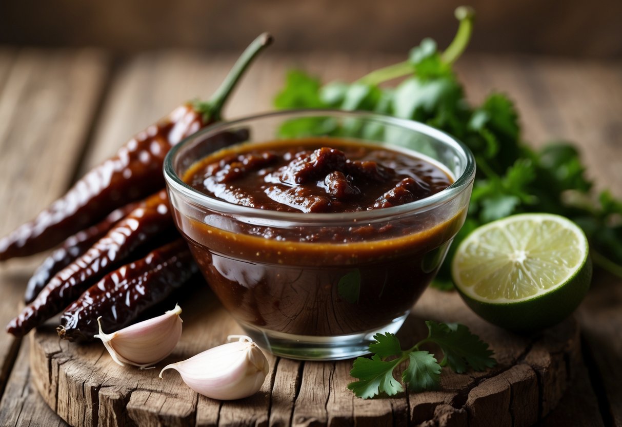 A small glass bowl of dark salsa negra sauce on a wooden surface surrounded by dried chipotle peppers, black beans, garlic, lime, and cilantro.
