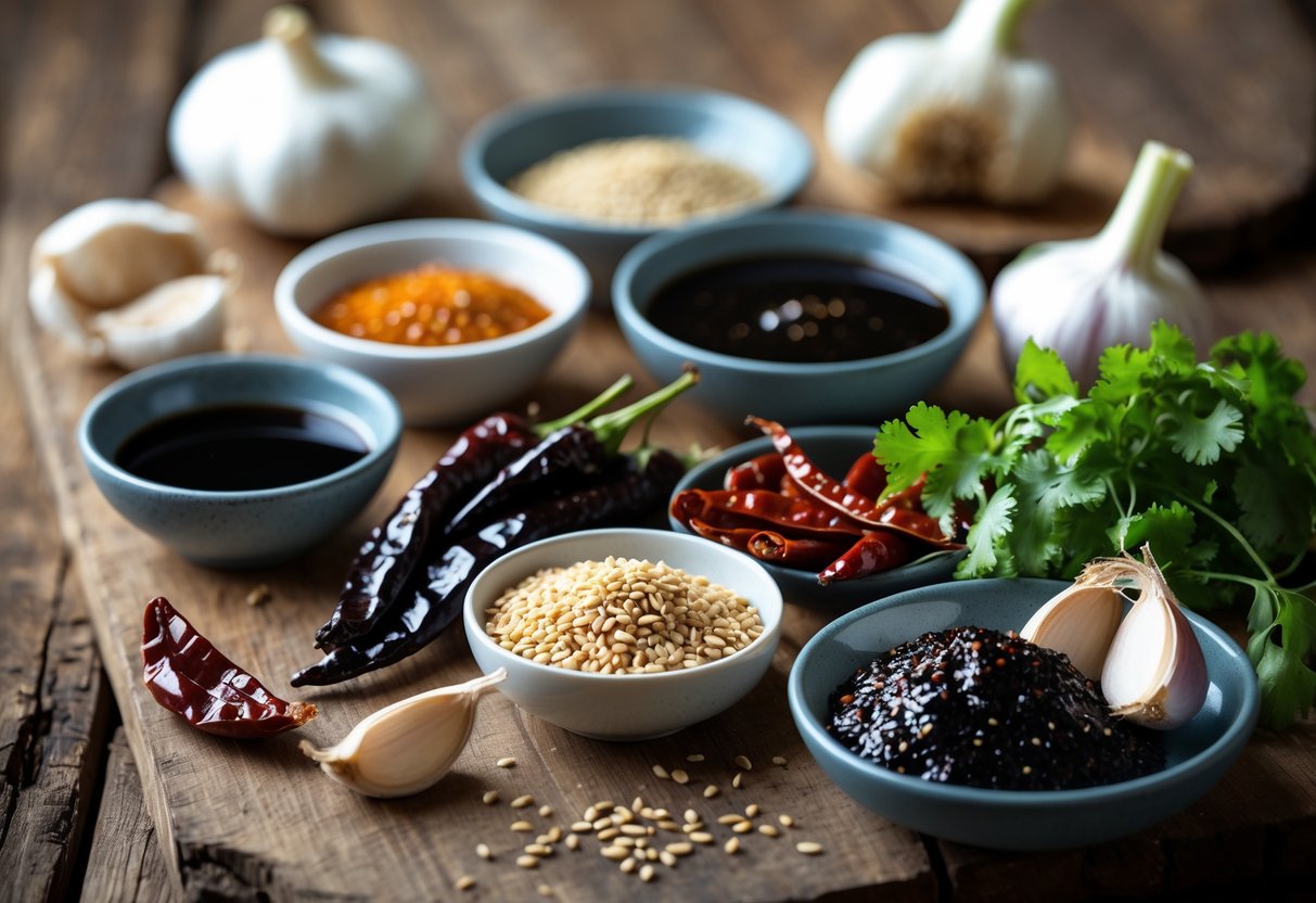 An arrangement of key ingredients for Salsa Negra on a wooden surface, including dried chili peppers, black garlic, soy sauce, sesame seeds, onions, and cilantro.