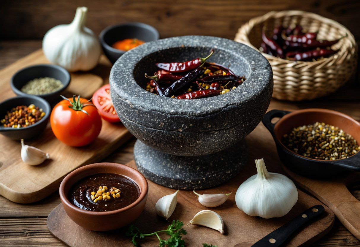 Traditional tools and ingredients for making Salsa Negra arranged on a wooden surface, including a stone mortar with dried chilies, fresh vegetables, and a bowl of dark salsa.