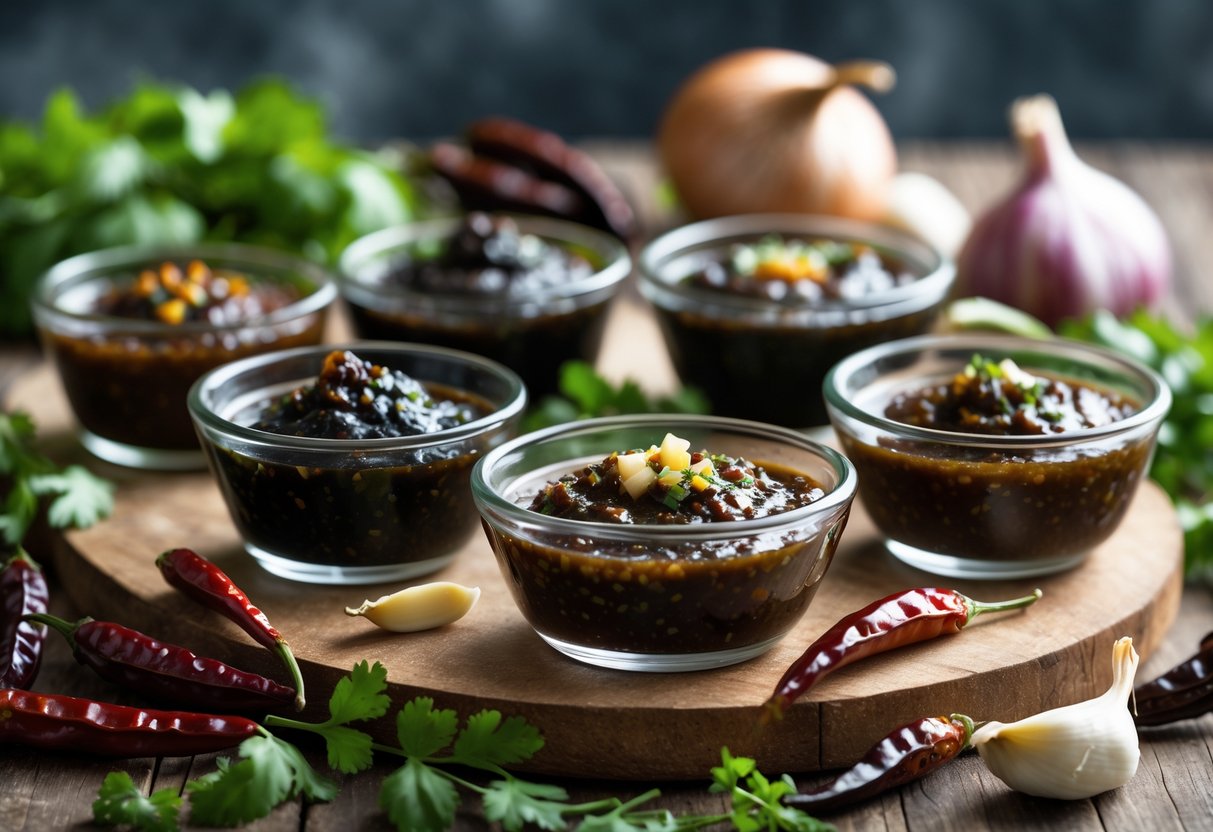 A variety of dark salsas in glass bowls surrounded by fresh chilies, garlic, onions, and herbs on a wooden surface.