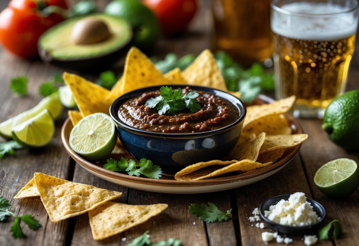 A bowl of dark salsa negra on a wooden table surrounded by tortilla chips, fresh tomatoes, avocado slices, lime wedges, chopped cilantro, crumbled cheese, and a glass of light beer.
