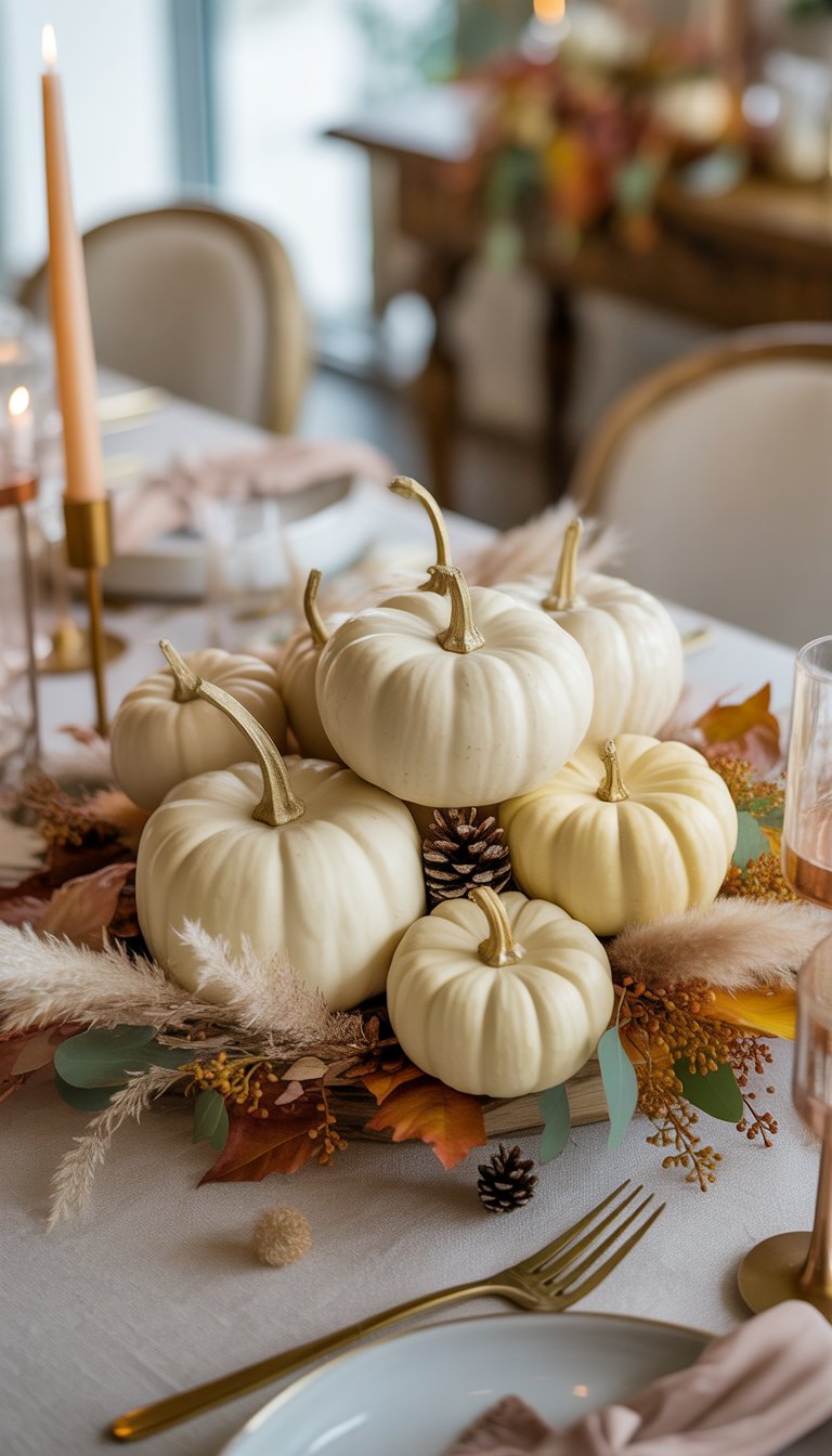 A fall bridal shower table with white pumpkin centerpieces surrounded by autumn leaves, pinecones, and soft natural decorations.