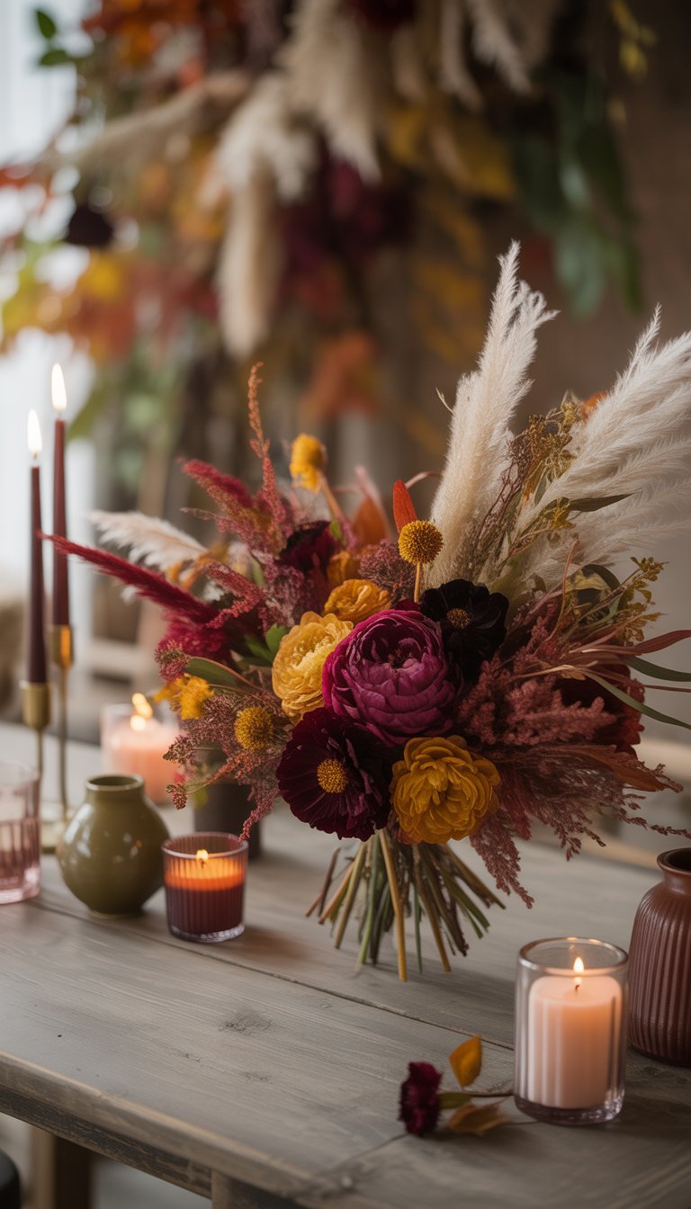A table with a fall-themed floral centerpiece featuring deep red, orange, and yellow flowers, dried grasses, candles, and vases.