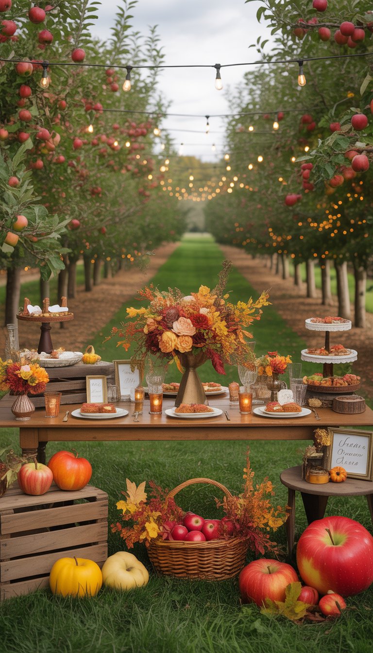 A fall bridal shower setup in an apple orchard with wooden tables, autumn decorations, pumpkins, flowers, and apple trees in the background.