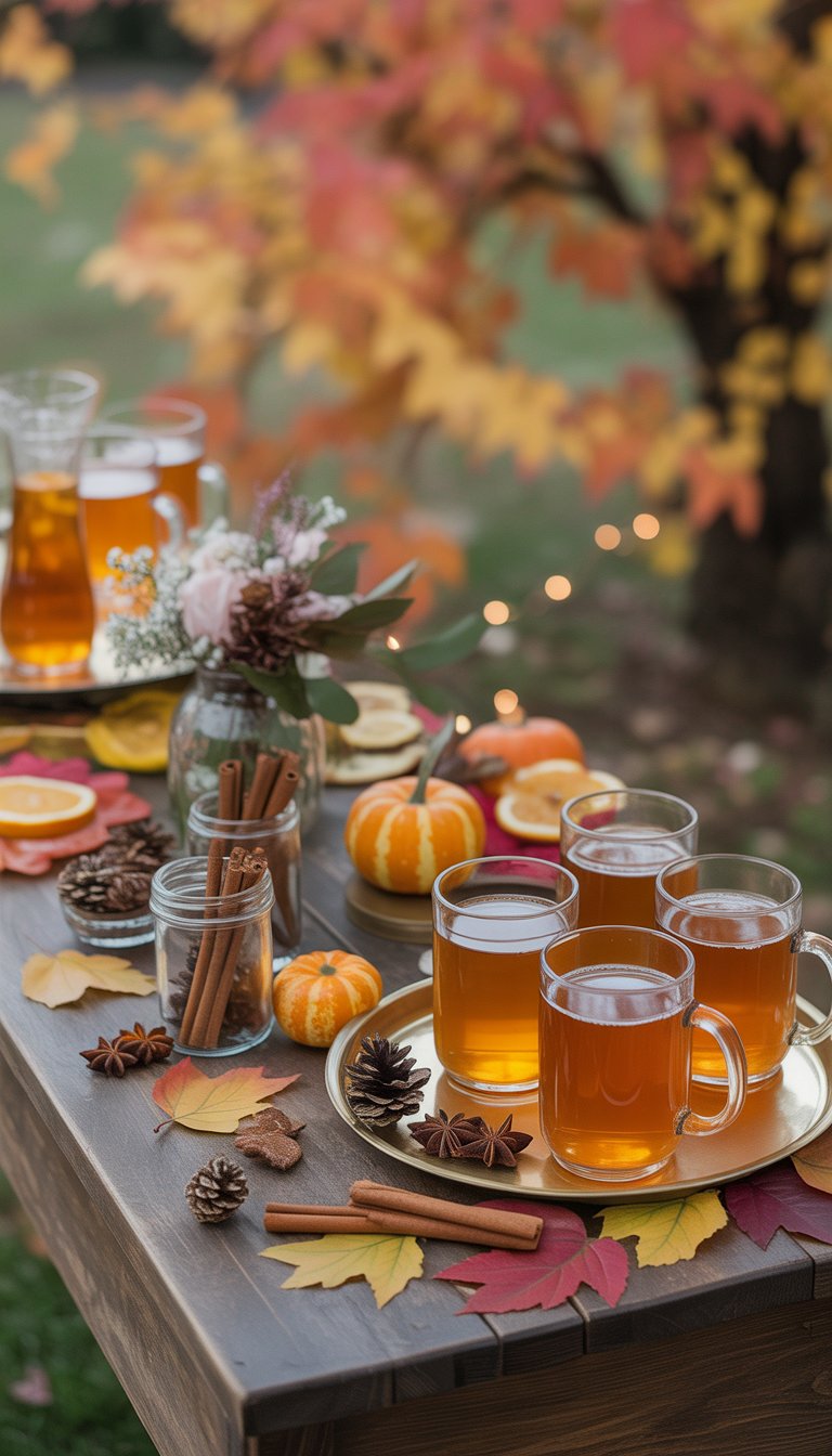 A hot apple cider bar with mugs, cinnamon sticks, pumpkins, and fall decorations on a wooden table.