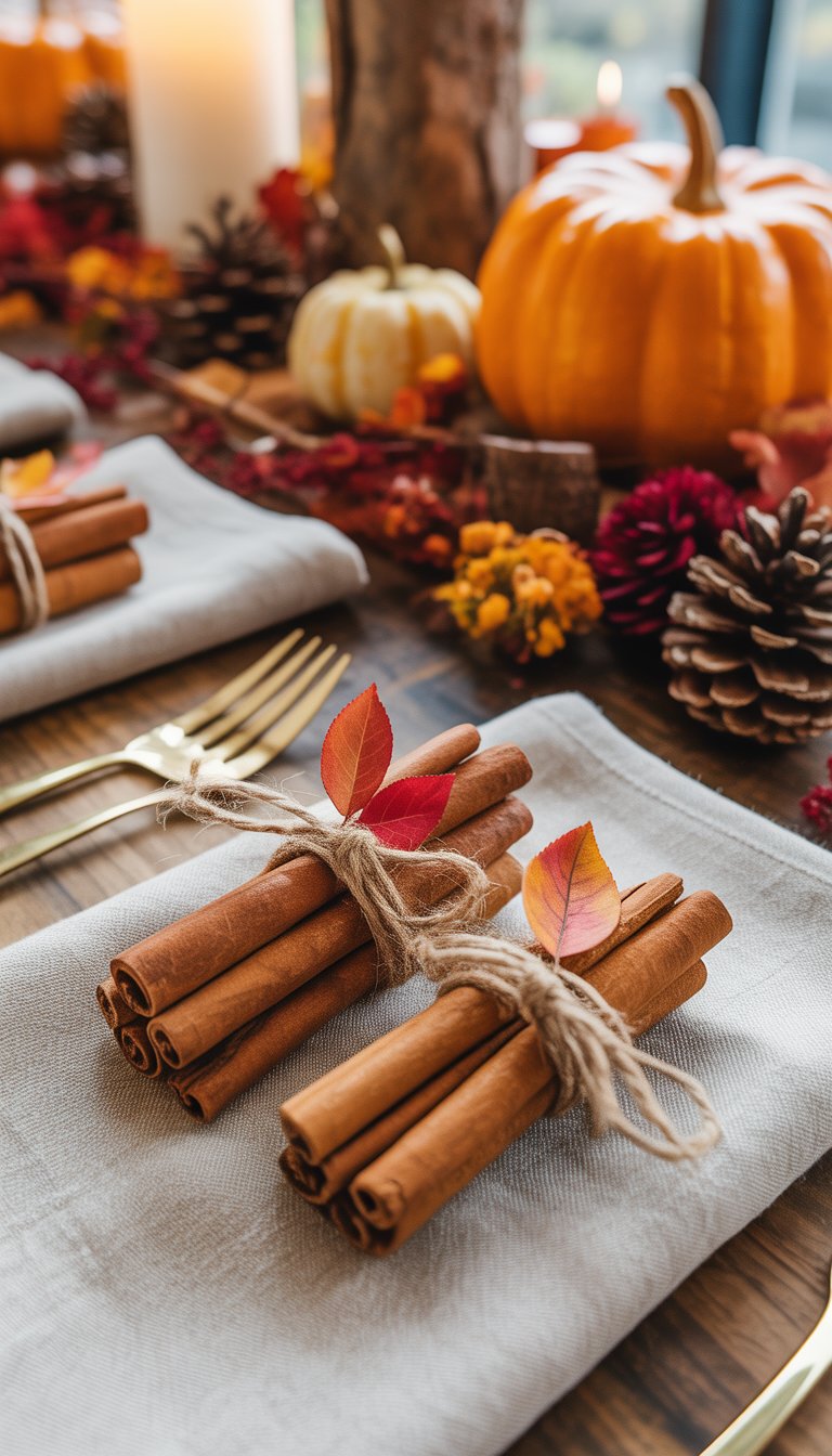 A fall bridal shower table setting with cinnamon stick favors tied with twine, surrounded by autumn leaves, pumpkins, and candles.