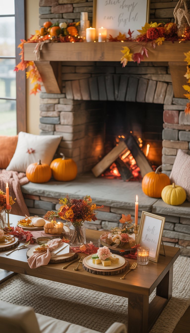 Cozy fireplace surrounded by autumn decorations and seating arranged for a fall bridal shower celebration.