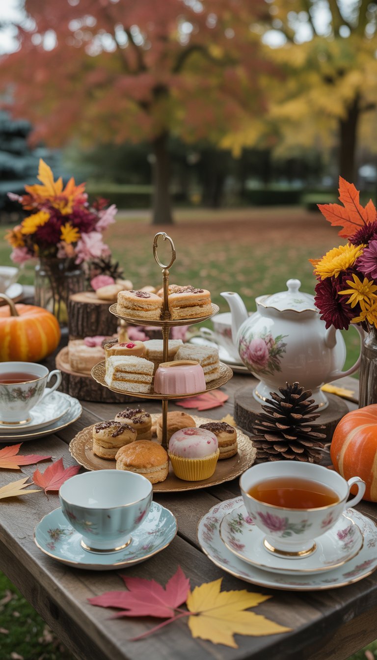 An outdoor fall tea party setup with vintage teacups, pastries, pumpkins, and autumn leaves on a wooden table surrounded by colorful fall foliage.