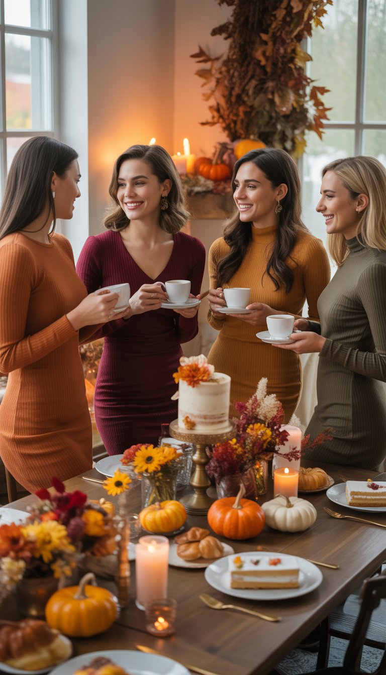 A group of women wearing half-sleeve dresses gathered around a table decorated for a fall bridal shower.