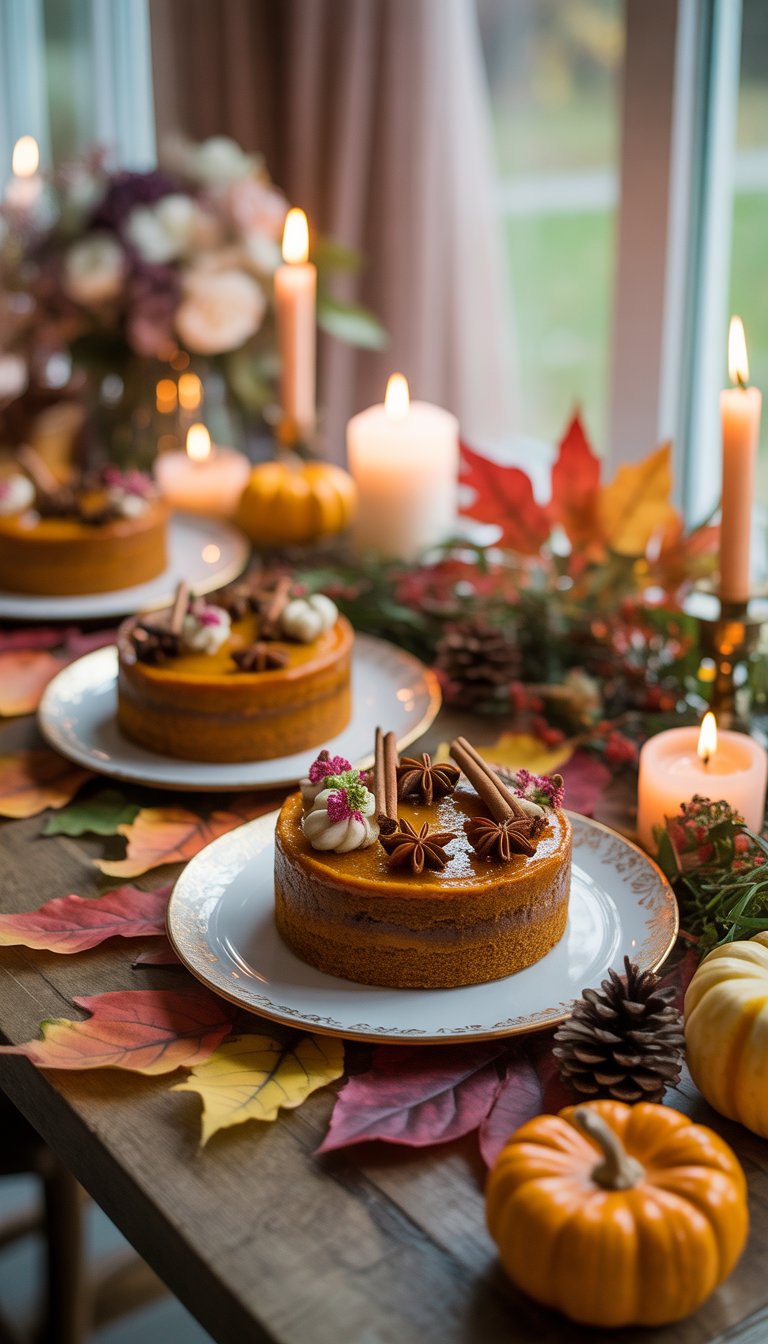 A table with gourmet pumpkin cakes decorated with fall-themed toppings surrounded by autumn leaves, small pumpkins, and candles in a warm, inviting setting.