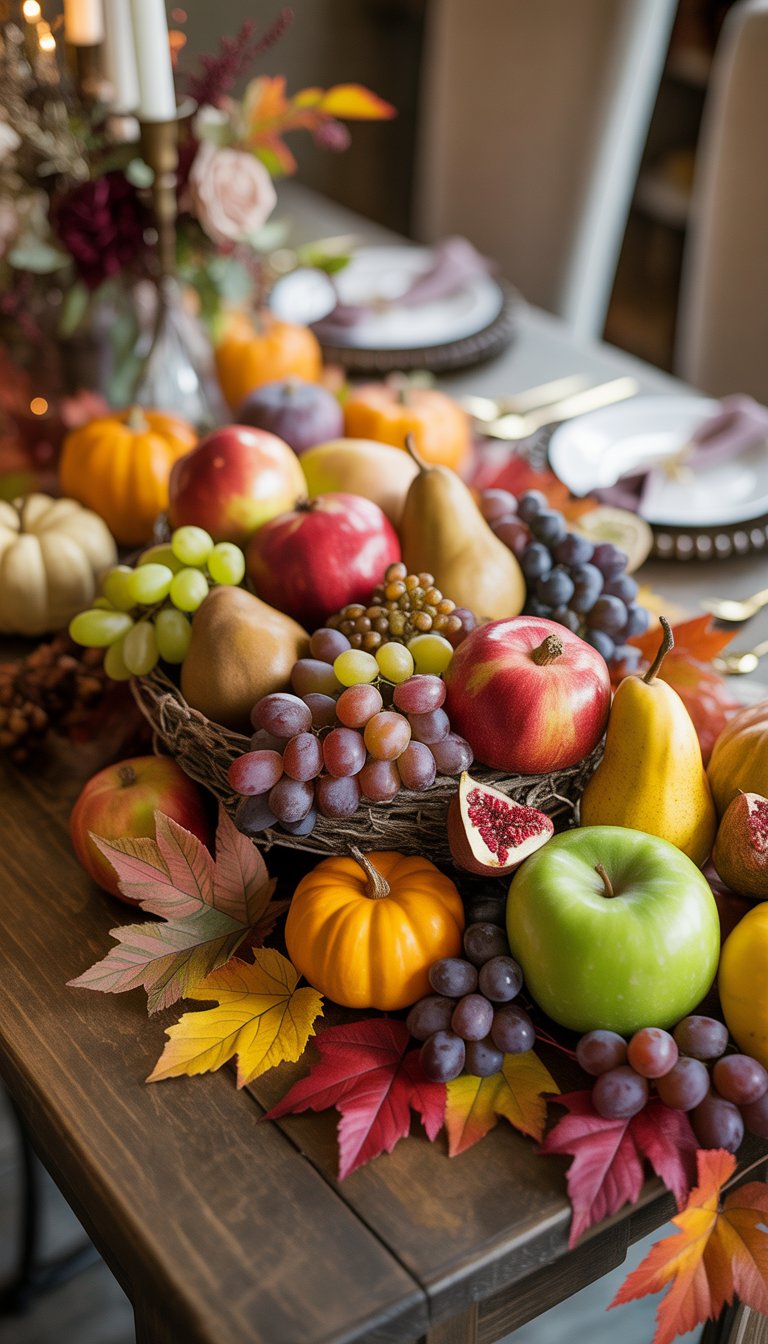 A rustic wooden table with a colorful display of fresh autumn fruits and fall decorations for a bridal shower.