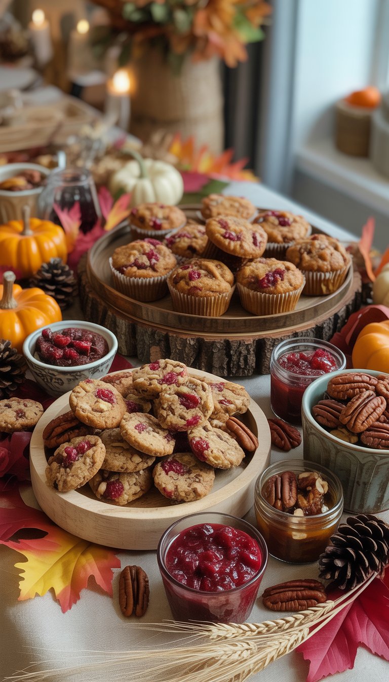 A fall-themed snack table with cranberry and pecan treats surrounded by autumn leaves, pumpkins, and pinecones.