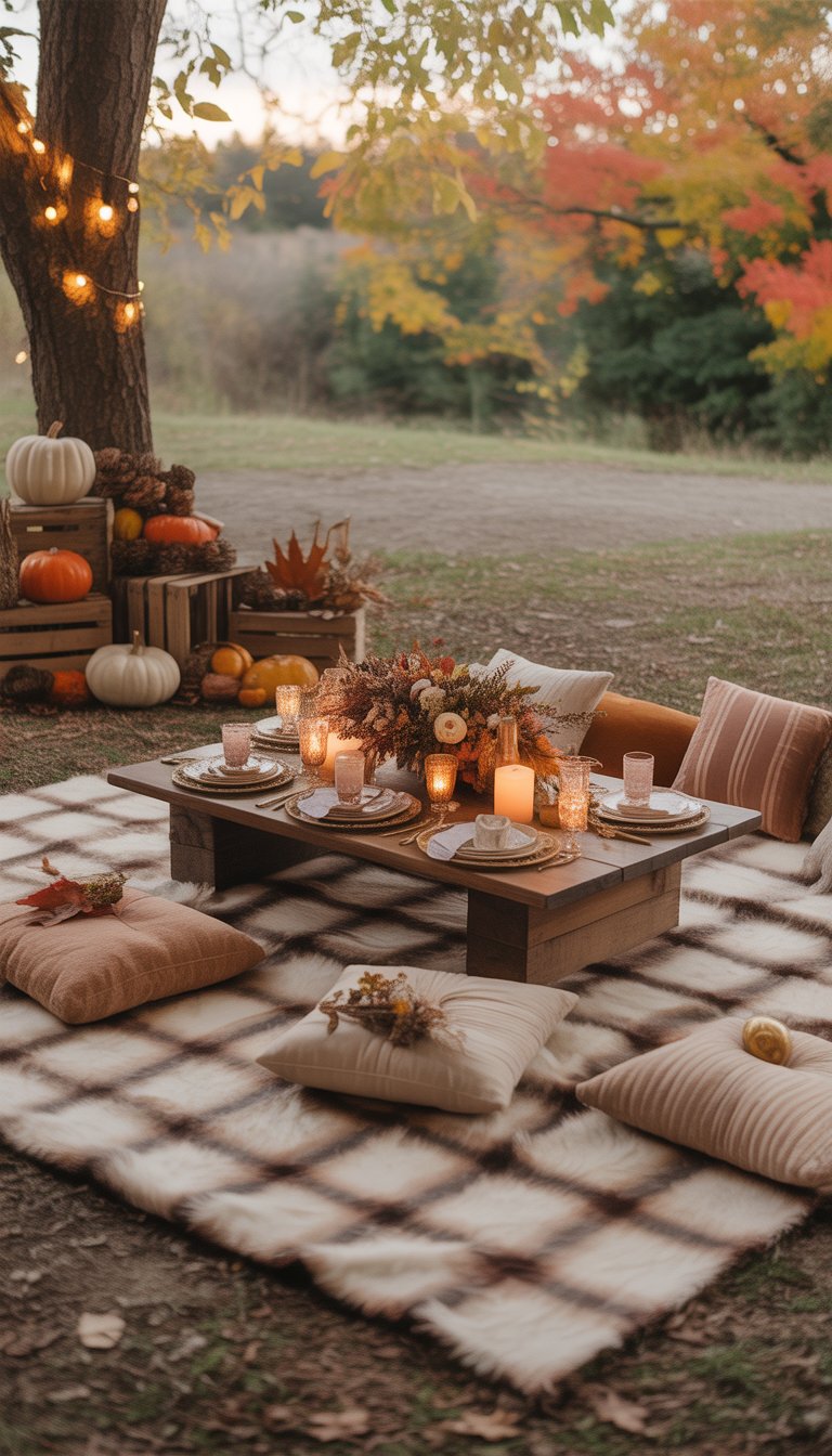 An outdoor fall bridal shower setup with a plaid blanket, rustic seating, pumpkins, autumn leaves, and a decorated low table surrounded by colorful fall trees.