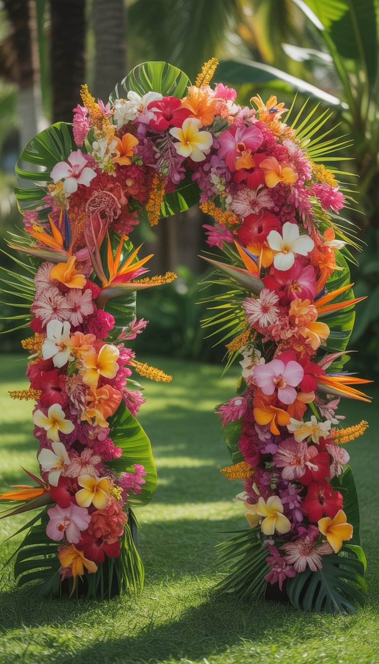 Floral arches made of colorful tropical flowers set in a green garden.