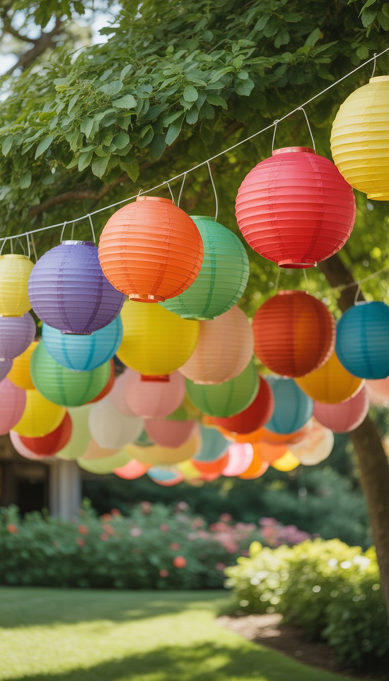 Multicolored paper lanterns hanging from tree branches in a garden decorated for a wedding.