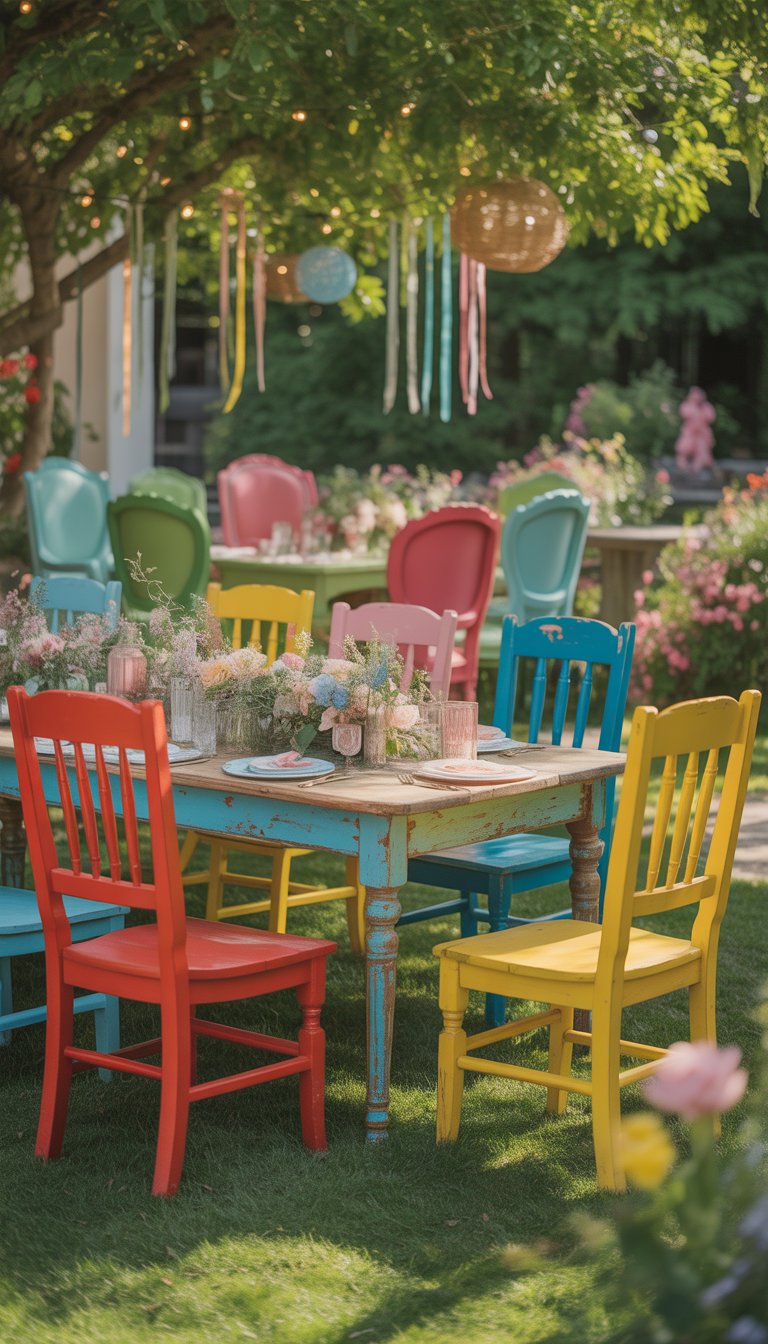 An outdoor garden scene with colorful vintage chairs and a wooden table decorated for a wedding, surrounded by flowers and greenery.