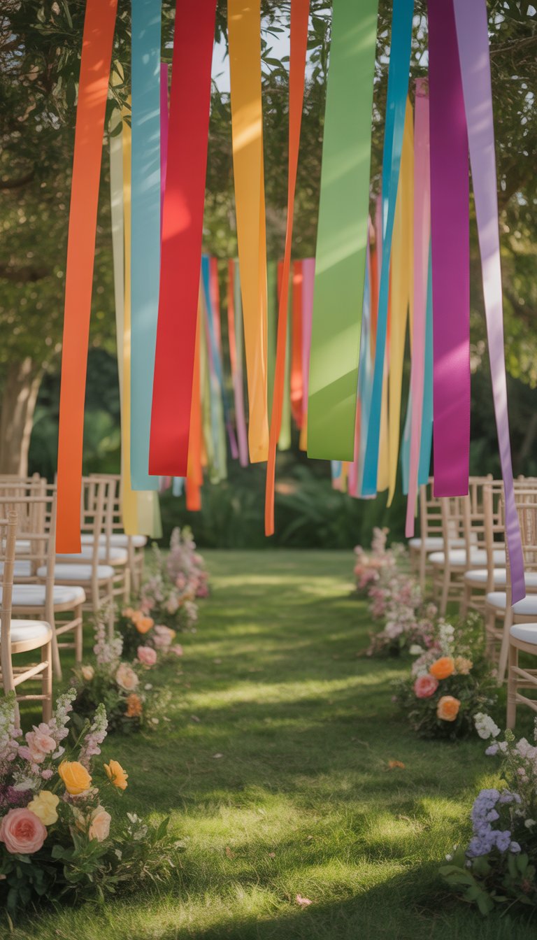 A garden wedding aisle decorated with colorful ribbon streamers hanging along the sides, surrounded by green grass and flowers.