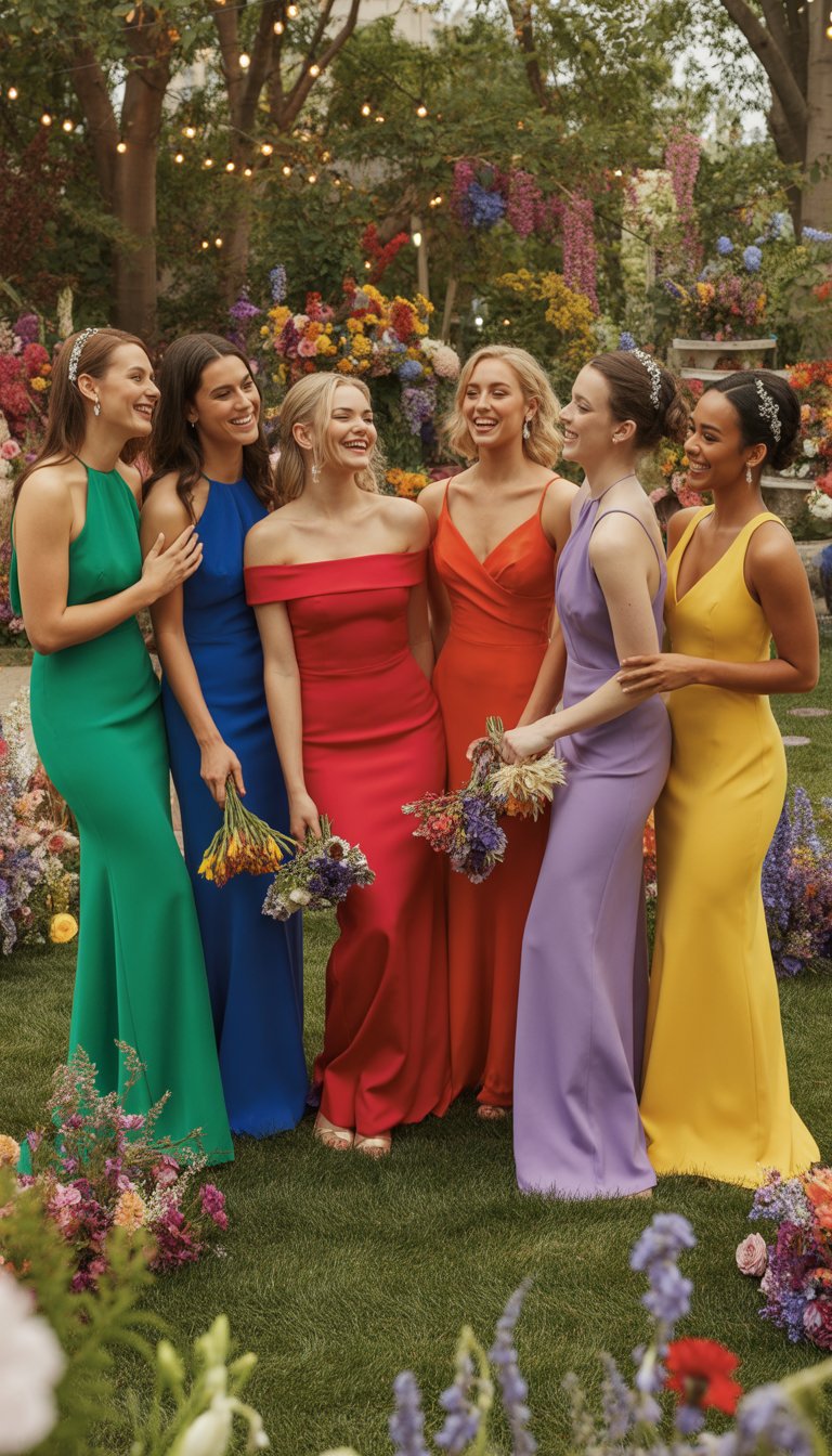 A group of bridesmaids wearing colorful jewel-toned dresses standing together in a blooming garden during a wedding.