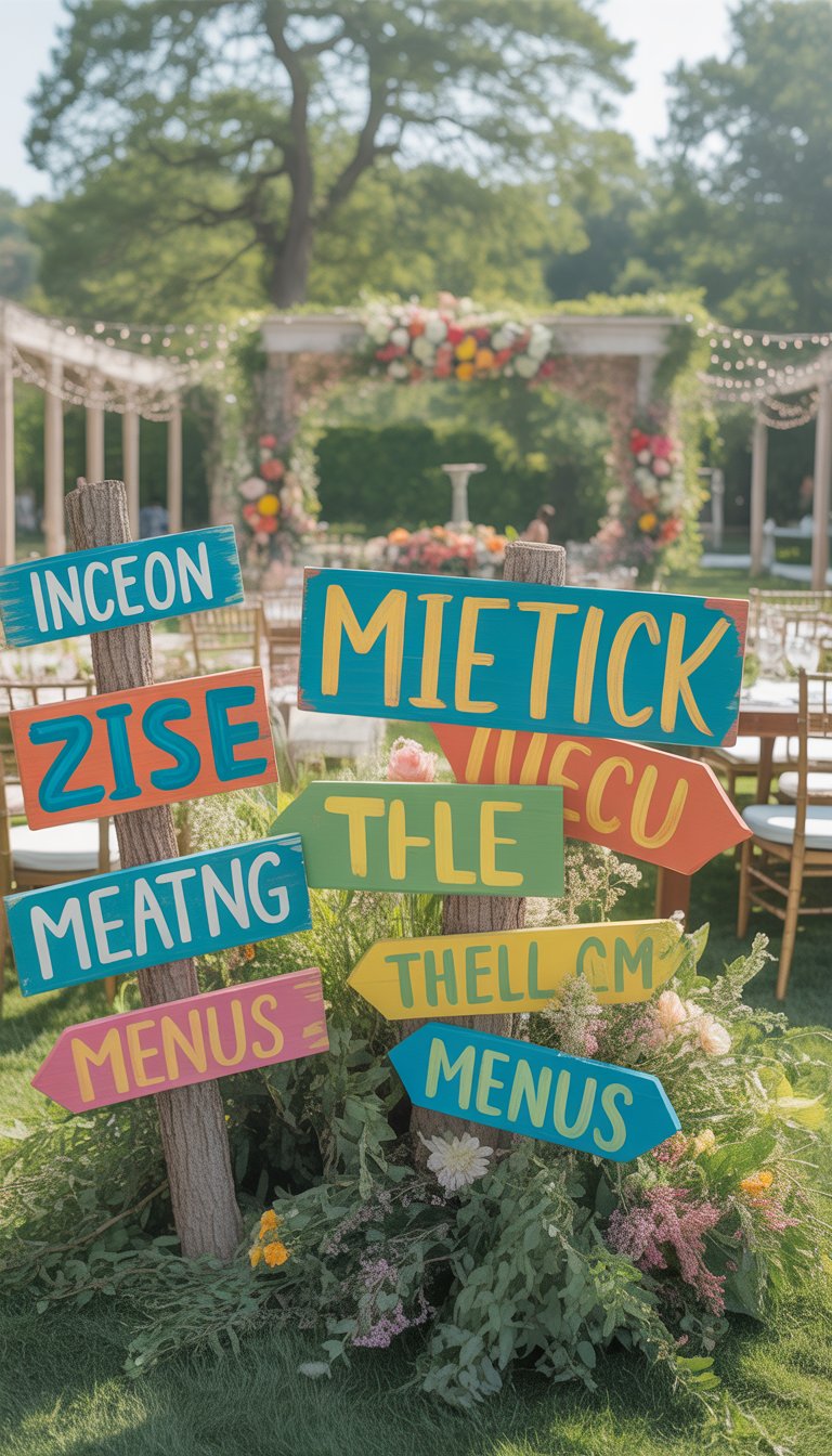 A garden wedding scene with colorful hand-painted wooden signs among flowers and greenery.