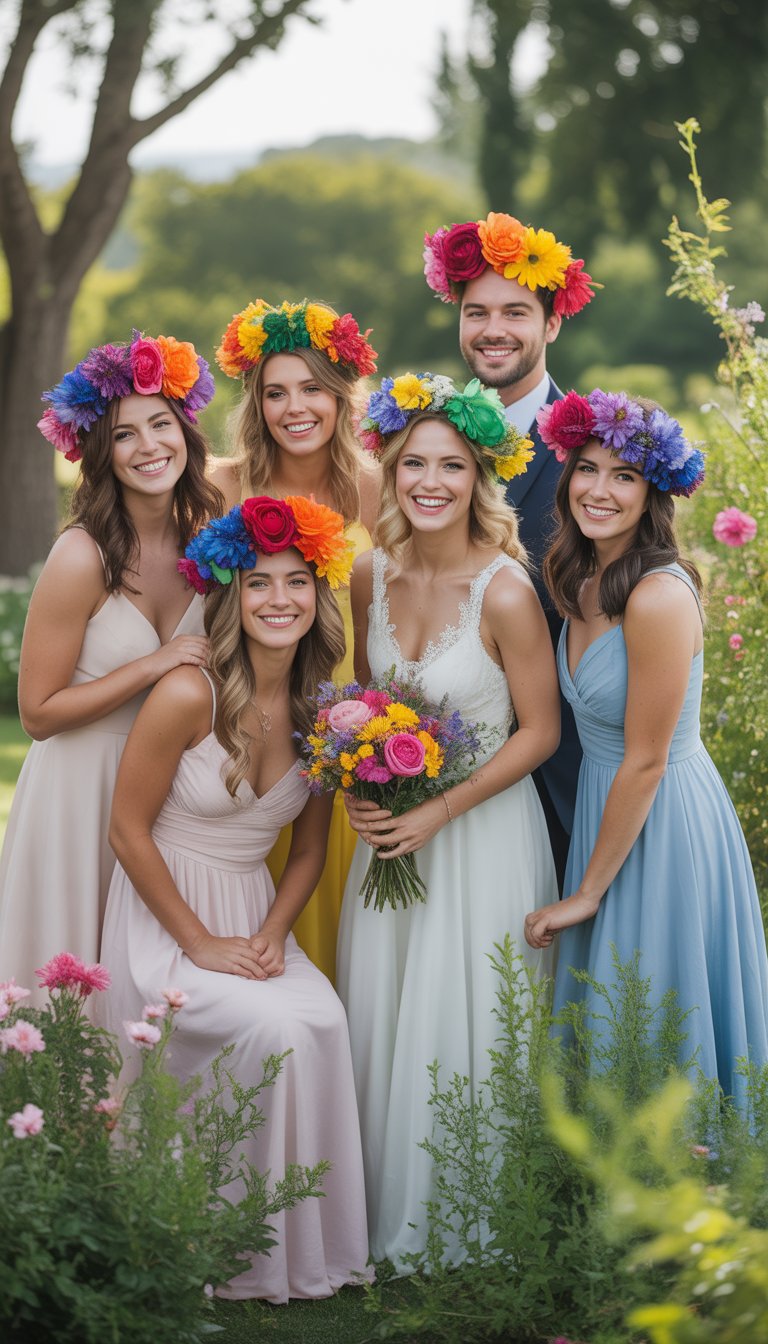 A bridal party outdoors in a garden wearing colorful rainbow flower crowns and pastel dresses, surrounded by greenery and flowers.