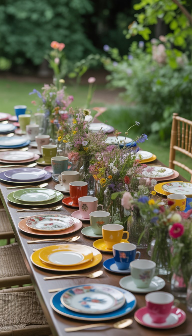 Outdoor garden wedding reception table with mismatched colorful china and bright floral centerpieces.