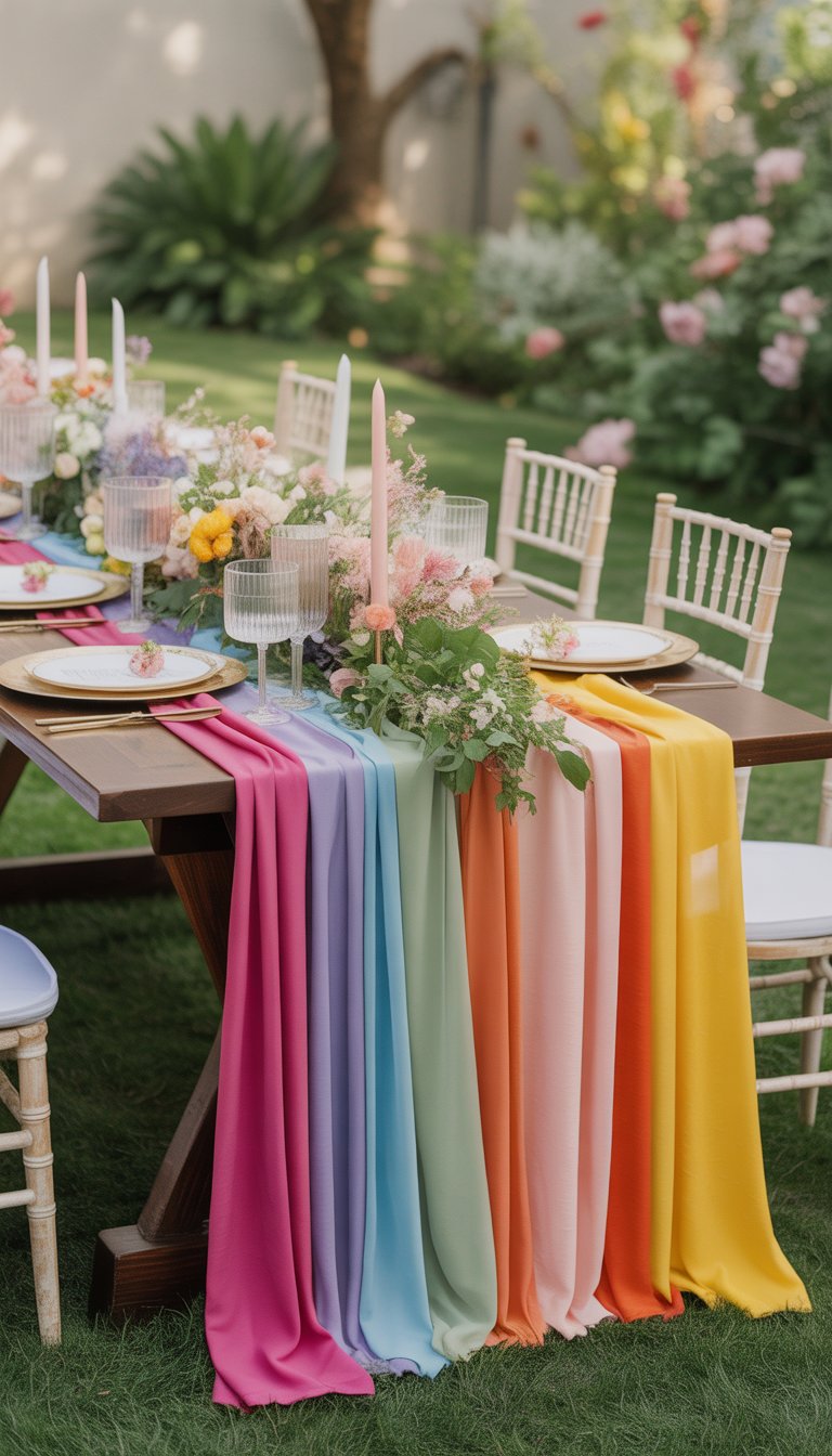 An outdoor wedding table decorated with layered bright fabric runners, flowers, and greenery in a garden setting.