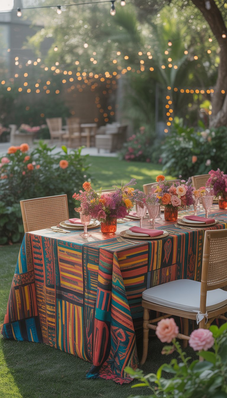Outdoor garden wedding table with colorful geometric-patterned linens, flowers, and tableware surrounded by greenery and sunlight.