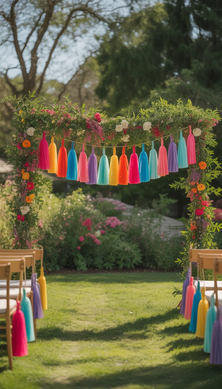 Outdoor garden wedding ceremony space decorated with colorful tassel garlands hanging around the area.